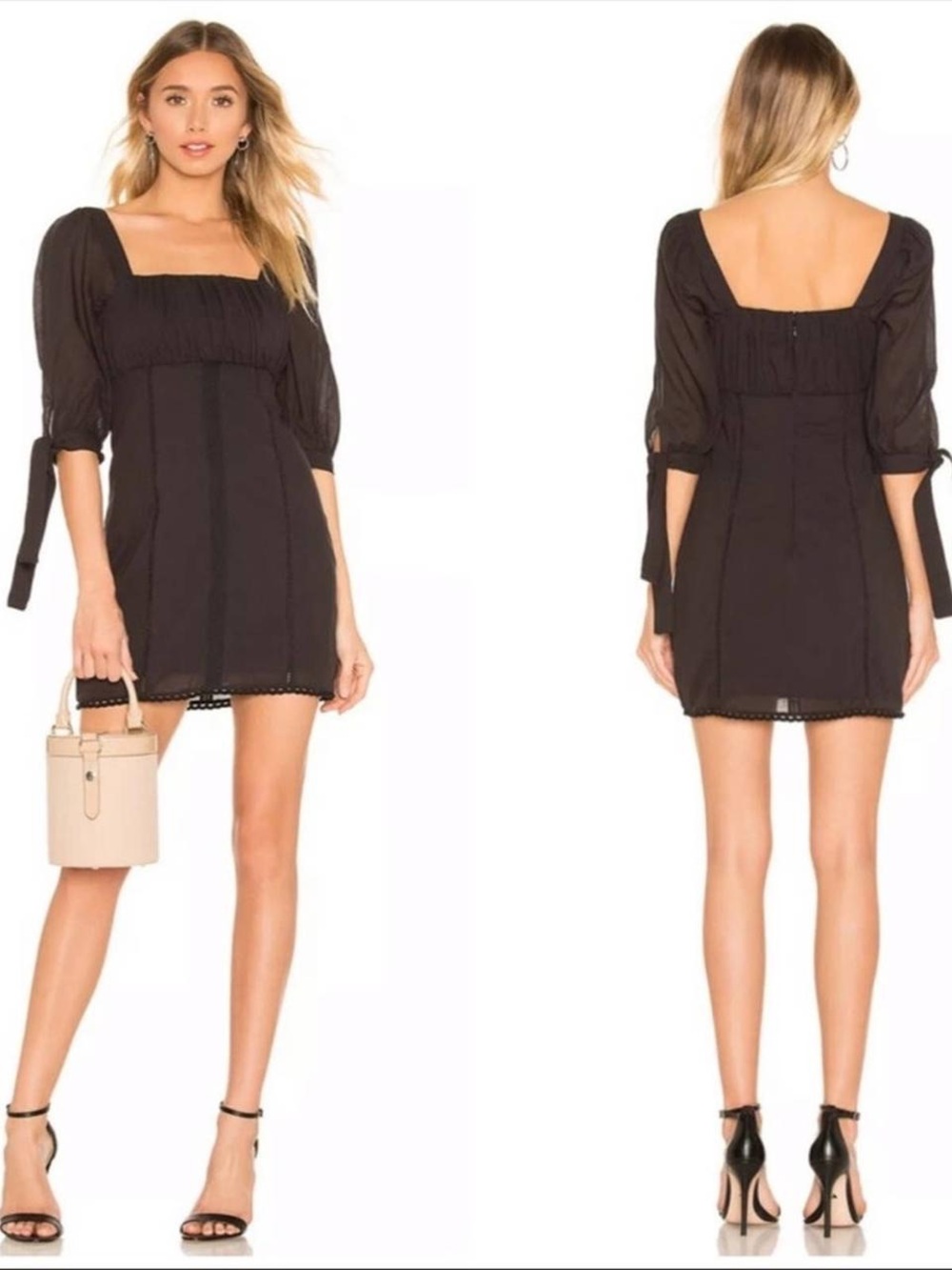 Lovers + Friends Jaxon Black Square-Neck Puff Tie Sleeve Cotton Mini Dress